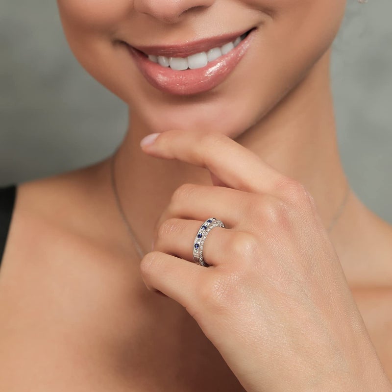 Gem Stone King Blue and White Created Sapphire Wedding Band Ring For Women | 925 Sterling Silver | 1.00 Cttw | Wedding Anniversary Promise Ring For Women | Size 7 - Image 4